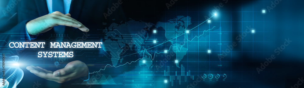 Poster businessman hold content management systems (cms) to streamline business and organize data with virt