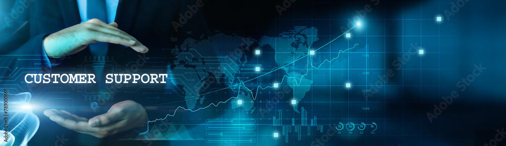 Poster businessman hold customer and support business and customer data with virtual network connection. cu