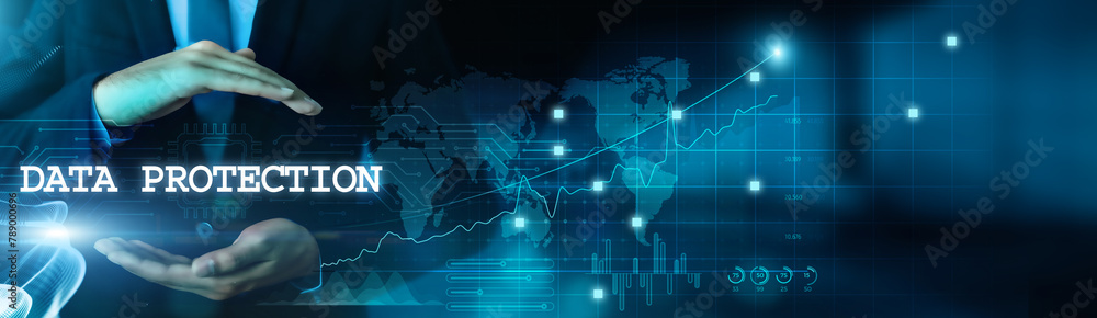 Poster businessman hold data protection business and secure data with virtual network connection. cutting-e
