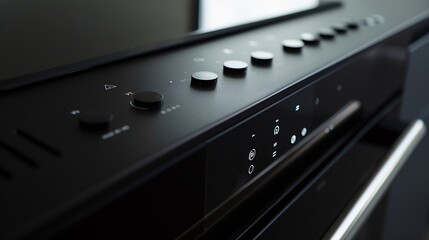 Close up of control panel with buttons on black integrated extractor hood in kitchen in apartment Low angle view of household equipment with removable filter Clean surface : Generative AI