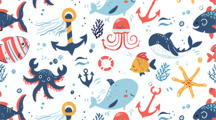 Pirate marine animals flat vector seamless pattern