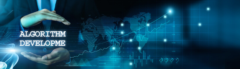 Businessman hold algorithm development business and protect data with virtual network connection....
