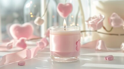 Candle with blank label near pink decorations hearts and silk ribbons on white table close up Romantic home decor
brand packaging mock up Home decoration romantic interior : Generative AI