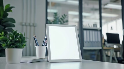 Closeup view of modern office room with blank screen digital tablet with office supplies on white wooden table : Generative AI