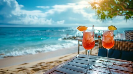 Beachside tables with drinks Cocktails in a luxury beach hotel holiday