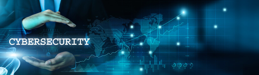 Businessman hold cybersecurity business and protect data with virtual network connection. Advanced technology develops smart solutions for safeguarding information and preventing breaches.
