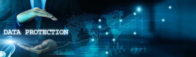 Businessman hold data protection business and secure data with virtual network connection. Cutting-edge technology develops smart solutions. Privacy, security, and compliance thrive.