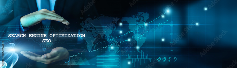 Poster businessman hold search engine optimization (seo) to boost business and optimize data with virtual n
