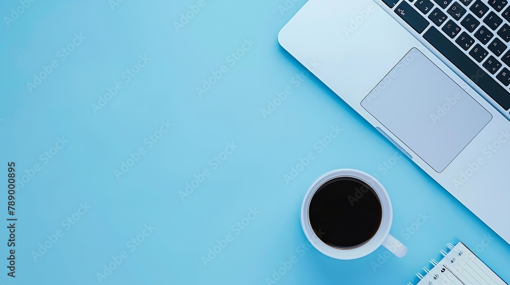Poster minimal work space creative flat lay photo of workspace desk top view office desk with laptop notebo