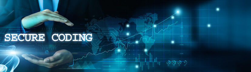 Businessman hold secure coding practices, safeguard business and customer data with virtual network connection. Secure technology develops smart solutions. Protect information, mitigate security risks