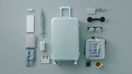 Obraz premium Flat lay composition with packed suitcase and travel accessories on grey background Summer vacation : Generative AI
