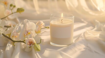 Obraz na płótnie Canvas Homemade pillar candle with a blank label near white orchid flowers and tulle close up mockup Brand packaging mock up Home decoration romantic interior : Generative AI
