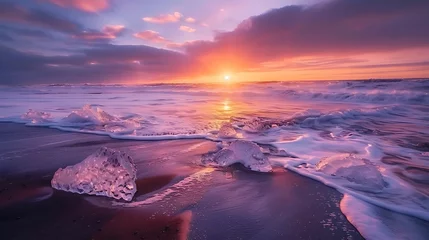 Foto op Canvas black sand beach with ice blocks at sunset in iceland © Emma