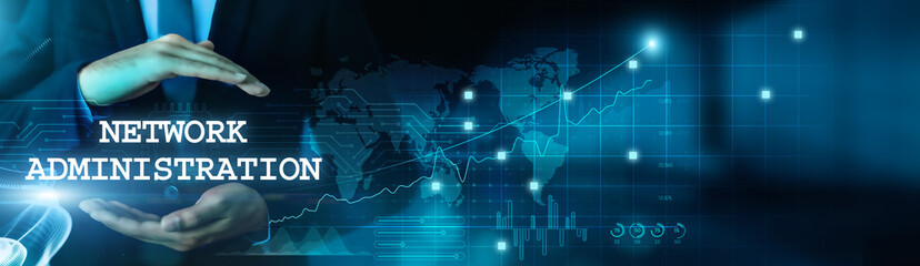 Network administration and data management go hand in hand. Businessmen handle network administration and oversee data with virtual network connection. Network administration technology.