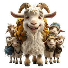 A 3D animated cartoon render of a smiling goat guiding a group of hikers to safety. - obrazy, fototapety, plakaty
