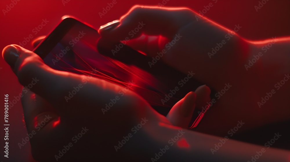 Poster closeup of hands with mobile phone or smartphone : generative ai
