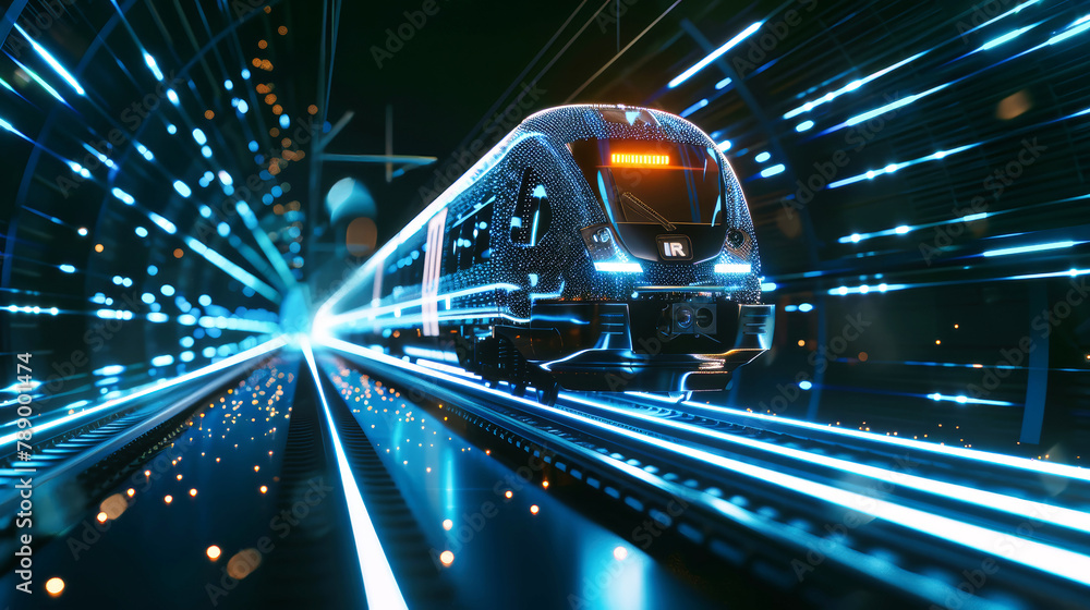 Poster a modern passenger train glides through a tunnel filled with colorful, glowing lights, creating a me
