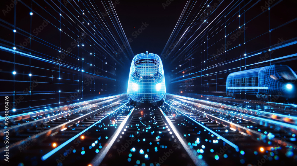 Poster a modern passenger train travels through a tunnel illuminated by bright lights, creating a captivati