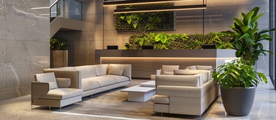 Comfortable sofas and green plants can be found in the rest area located at the front desk of the contemporary office.