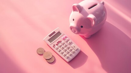 Piggy bank calculator and coin on pink background saving money concept flat lay : Generative AI