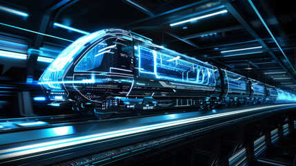 Obraz premium A sleek modern train speeds through a dark tunnel, glowing with neon lights, on an exciting journey to the unknown