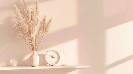 Retro modern decoration wall in the living room with pastel colors white clock and shelf modern...