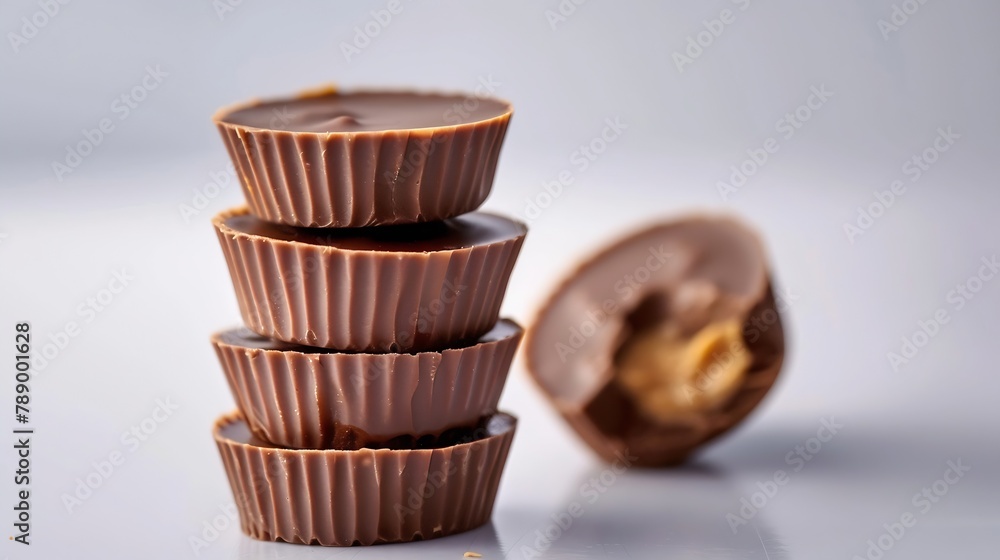 Poster tasty peanut butter cups on light background : generative ai