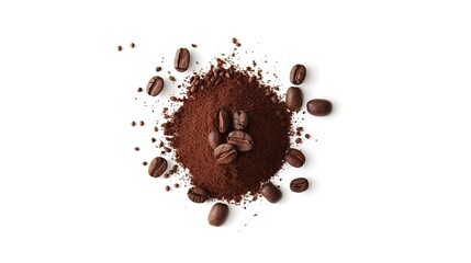 Flat lay of ground coffee with coffee beans isolated on white background : Generative AI