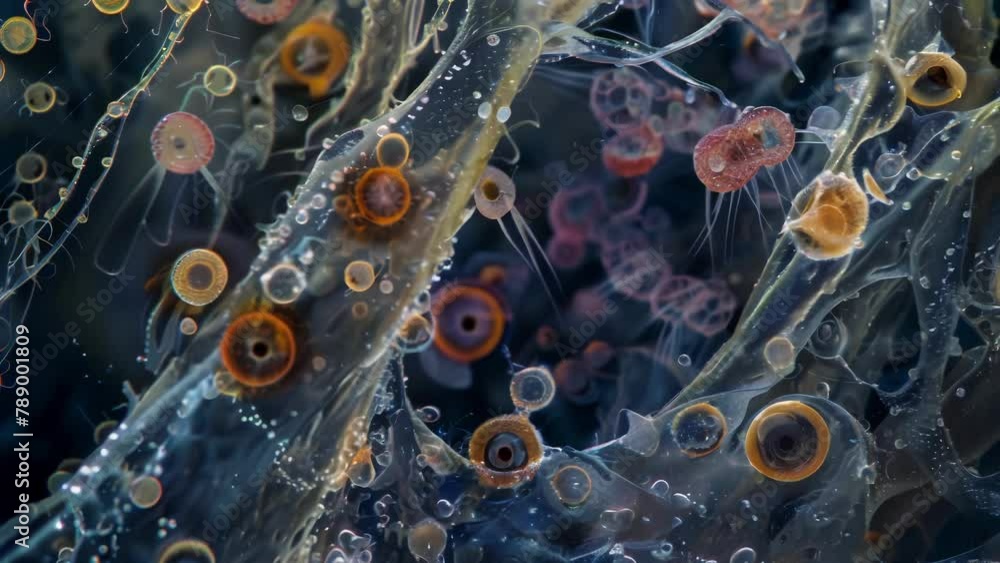 Poster a microscopic landscape filled with nematodes of varying sizes and shapes resembling a bustling city