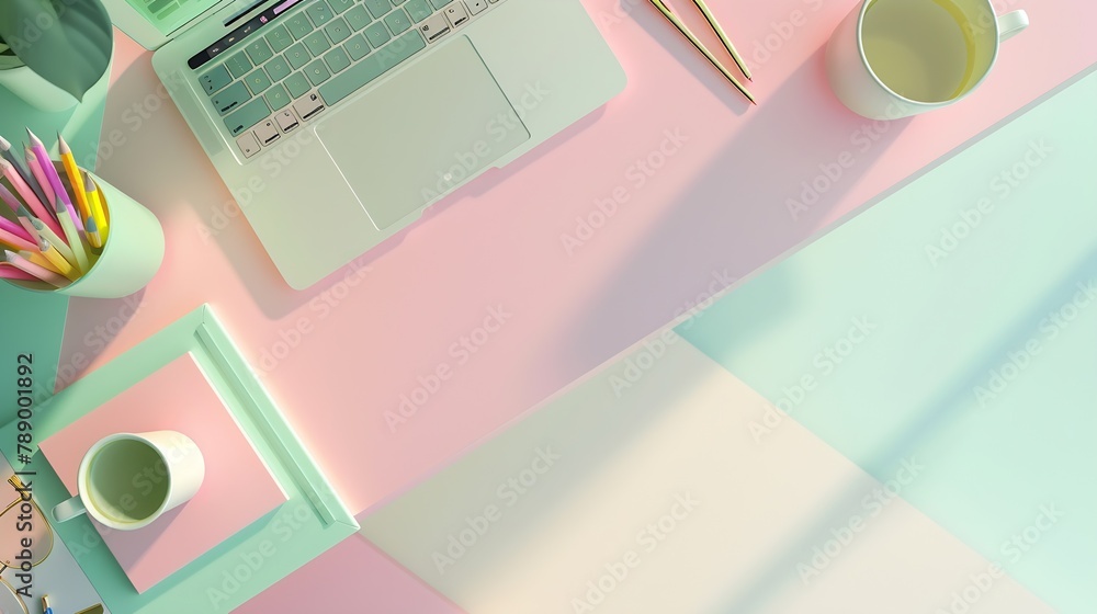 Aufkleber pastel office desk table with laptop and supplies top view with copy space flat lay : generative ai