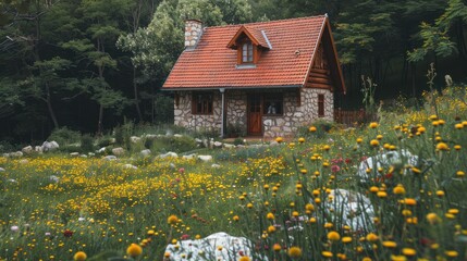 Photo of a charming cottage nestled amidst a wildflower meadow --ar 16:9 Job ID: d01fc564-165c-47bf-9d36-1f454f1644a5