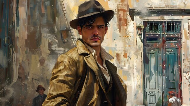 Stylish man in a vintage suit and hat poses confidently in front of a graffiti-covered wall