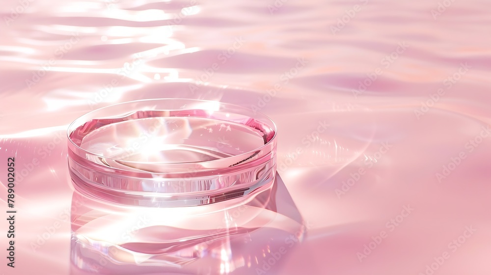 Leinwandbilder empty clear glass circle podium on pink transparent calm water texture with waves in sunlight abstra