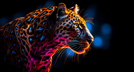 Fototapeta premium A colorful neon leopard in profile on a black background
