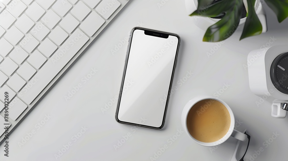 Poster White office desk table with smartphone with blank mockup screen cup of coffee and computer keyboard Top view with copy space flat lay : Generative AI