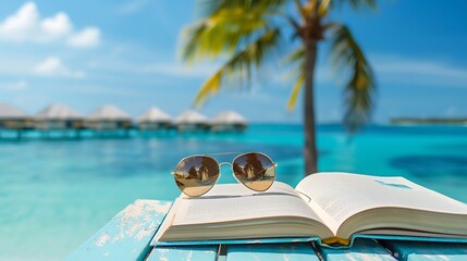 Book and sunglasses blue water background summer and tropical travel destinations concept