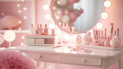 Soft and elegant make up table pink and white accents with room for copy : Generative AI
