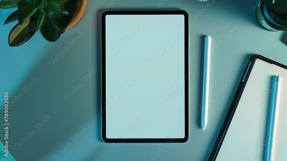 Poster Tablet and smartphone with blank screen on desk Top view flat lay with copy space : Generative AI