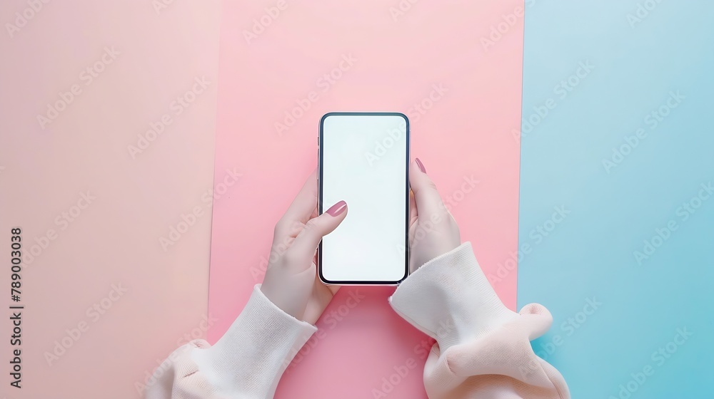 Aufkleber flat lay hand using phone white screen on top viewbackground in pastel colorsclipping path inside : 