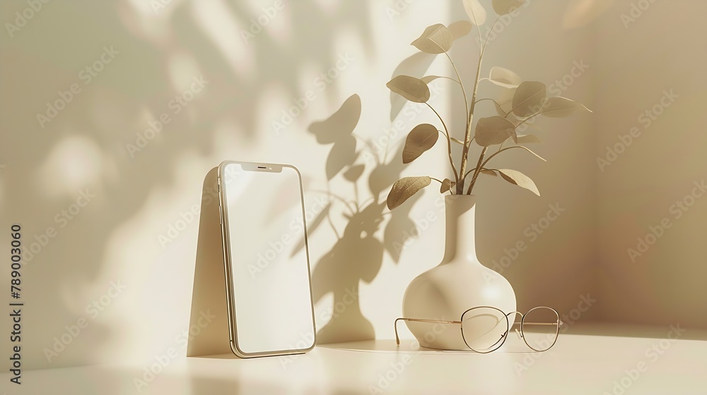 Poster mobile phone with empty screen mockup notebook glasses vase with foliage branch empty neutral beige 
