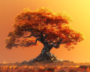 Oak Tree  A majestic oak tree against a vibrant autumn orange background  water color, cartoon, animation 3D, vibrant - obrazy, fototapety, plakaty