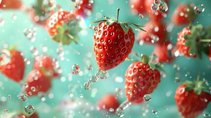 Strawberry  Red strawberries against a pastel green background  water color, cartoon, animation 3D, vibrant - obrazy, fototapety, plakaty