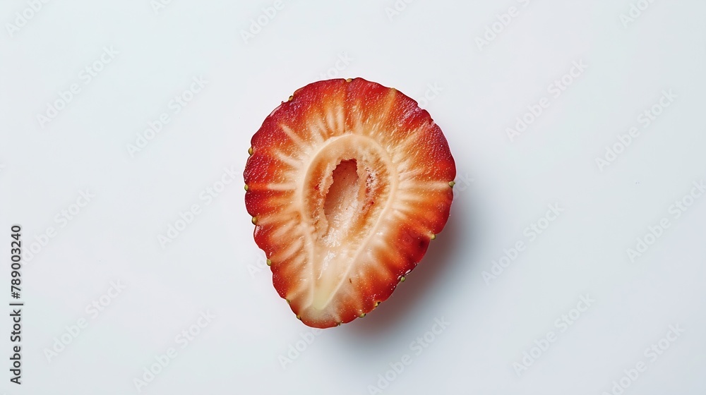 Poster Top view of fresh red strawberries slice isolated on white background Summer berries textured background Flat lay Macro shot of strawberry cut in a half : Generative AI