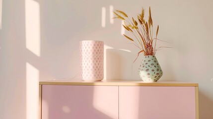 Patterned lamp on pastel pink cabinet against white wall in colorful interior Real photo : Generative AI