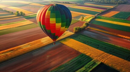 Hot air balloon floating over a colorful patchwork of farmland