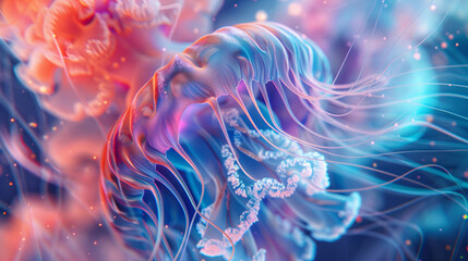 Transparent jellyfish in deep blue sea, World Oceans Day jellyfish close-up concept illustration