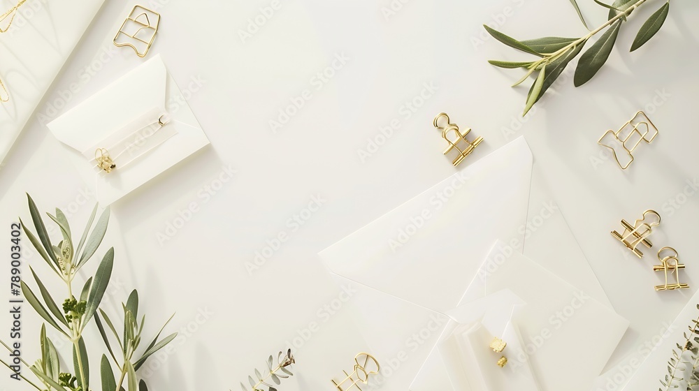 Aufkleber feminine stationery desktop mockup scene blank greeting card craft envelope washi tape and golden pa