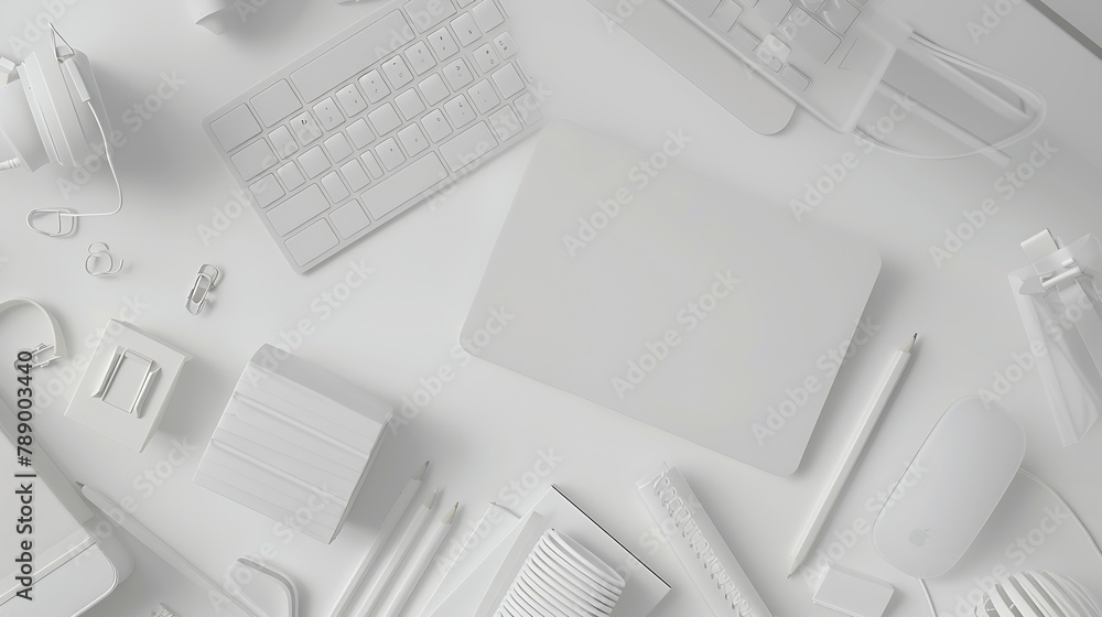 Poster white office desk table with blank notebook computer keyboard and other office supplies top view wit
