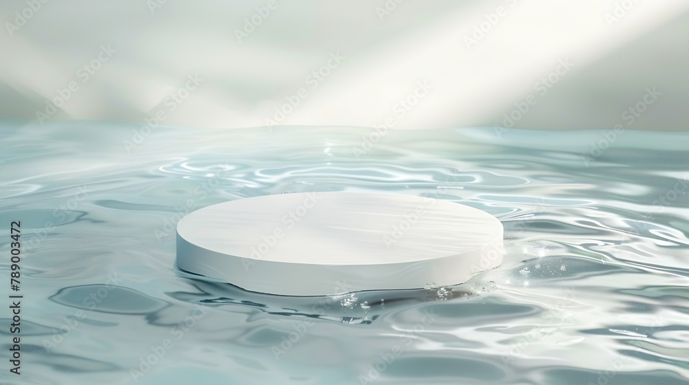 Poster Empty white circle podium on transparent clear calm water texture with splashes and waves in sunlight Abstract nature background for product presentation Flat lay cosmetic mockup copy  : Generative AI