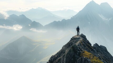 Hiker standing atop a mountain peak, overlooking a breathtaking panorama